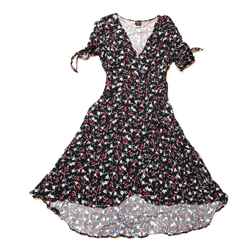 Black with red floral high low midi dress
